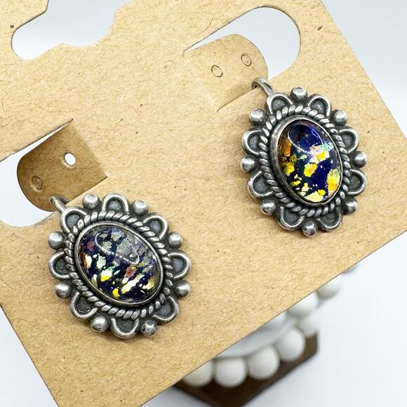 Vtg Sterling Silver Black Fire Opal Glass Cabochon Screw Back Earrings Victorian - Picture 10 of 10